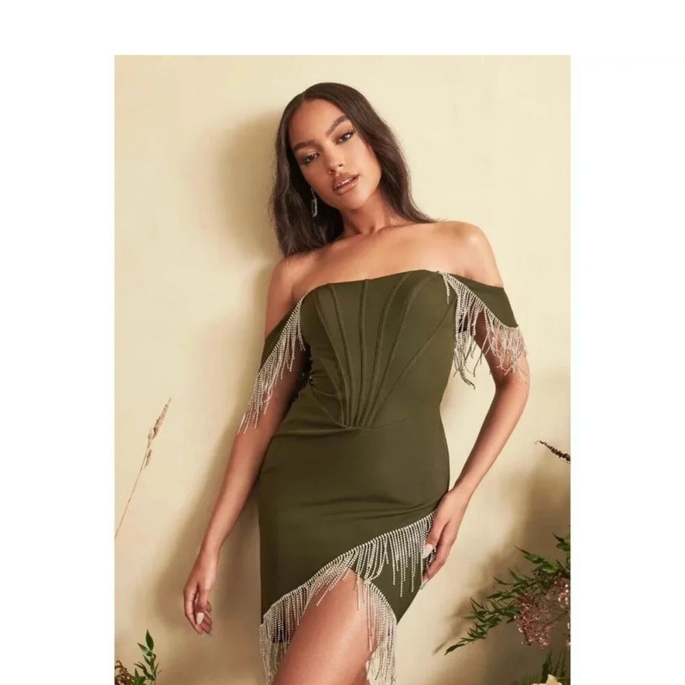 Lavish Alice Strapless Olive Dress with Fringe